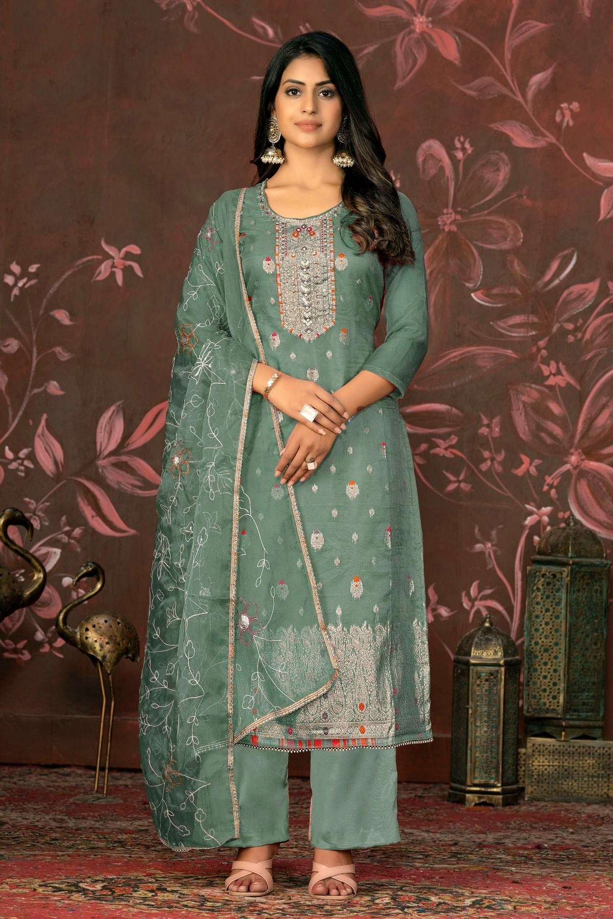 Sea Green Colour Unstitched Organza Jacquard Straight Suit US1161335