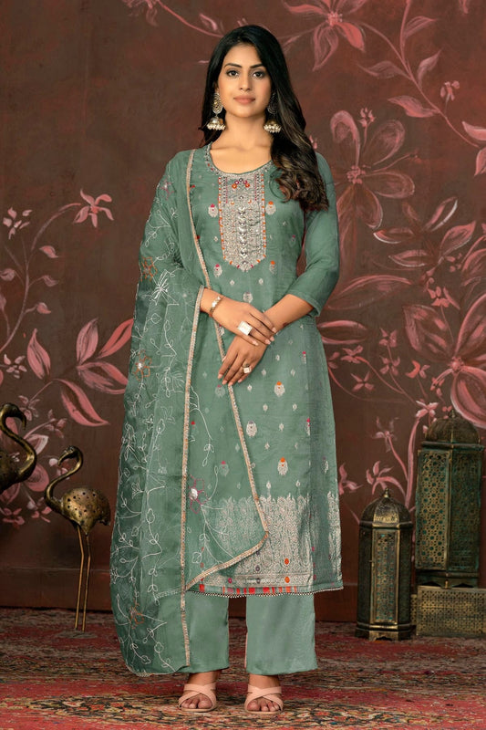Sea Green Colour Unstitched Organza Jacquard Straight Suit US1161335