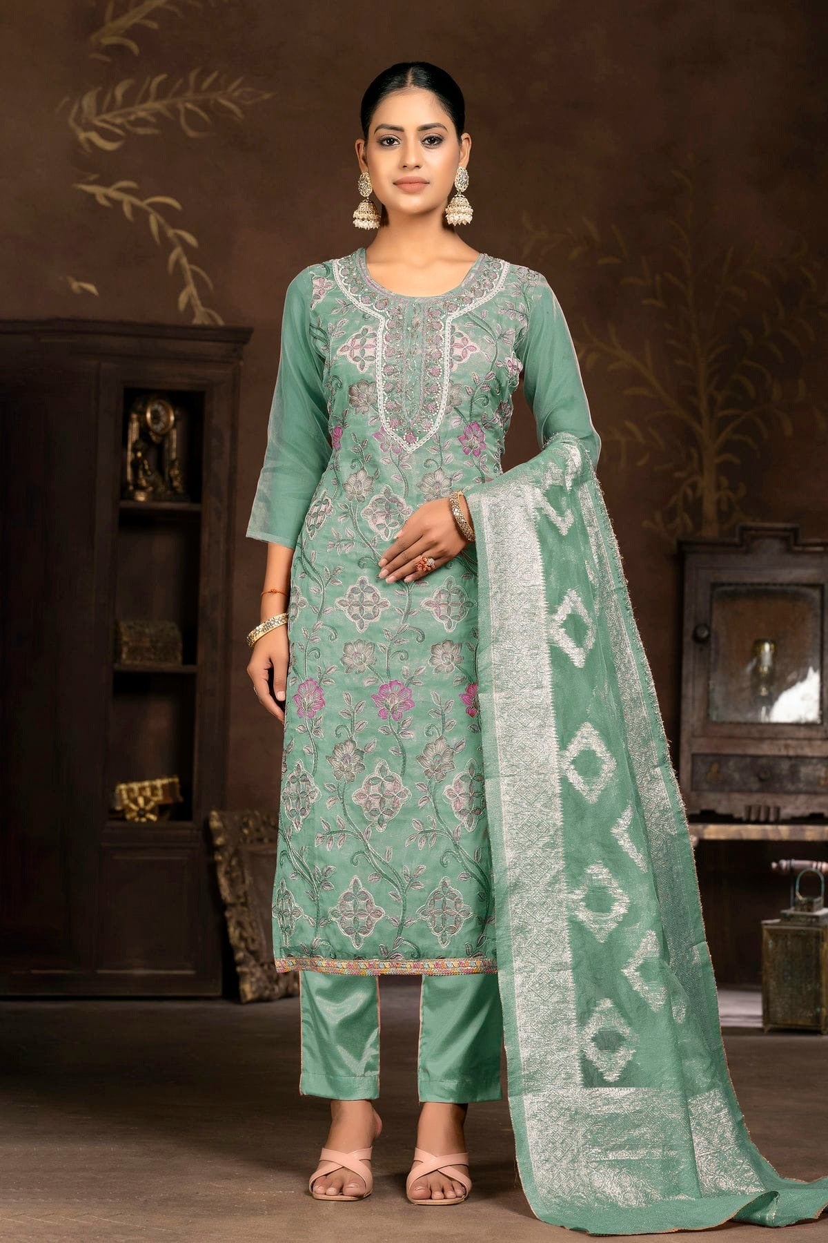 Sea Green Colour Unstitched Organza Pant Style Suit US1161343