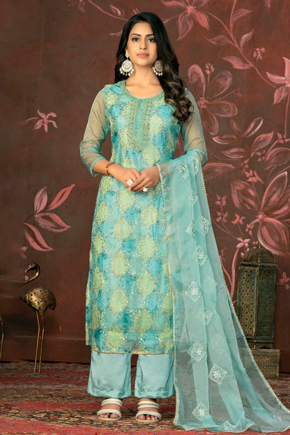 Sea Green Colour Unstitched Pure Organza Straight Suit US1161351