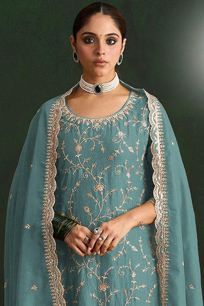 Sea Green Colour Vichitra Silk Embroidery Work Pant Style Suit