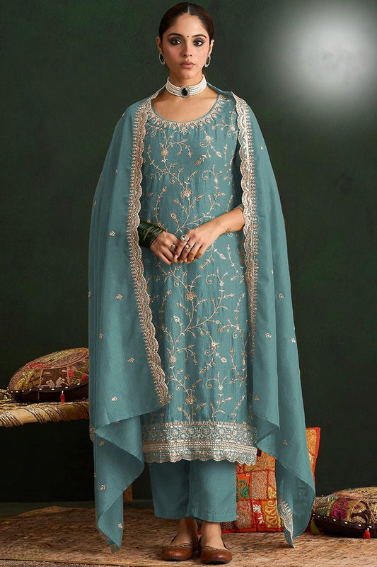 Sea Green Colour Vichitra Silk Embroidery Work Pant Style Suit