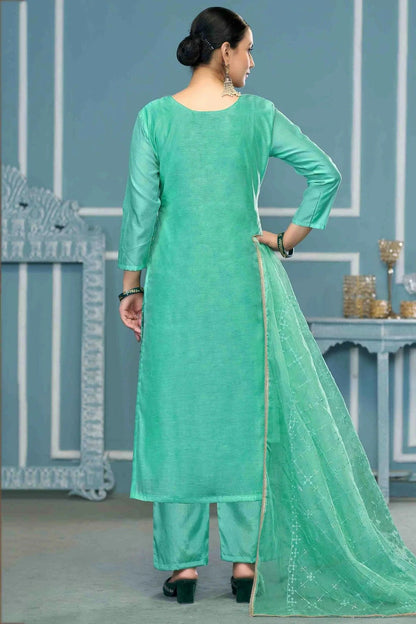 Sea Green Colour Viscose Organza Pant Style Suit SM1113211 A