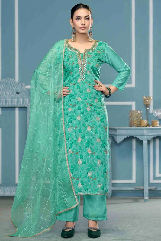 Sea Green Colour Viscose Organza Pant Style Suit SM1113211