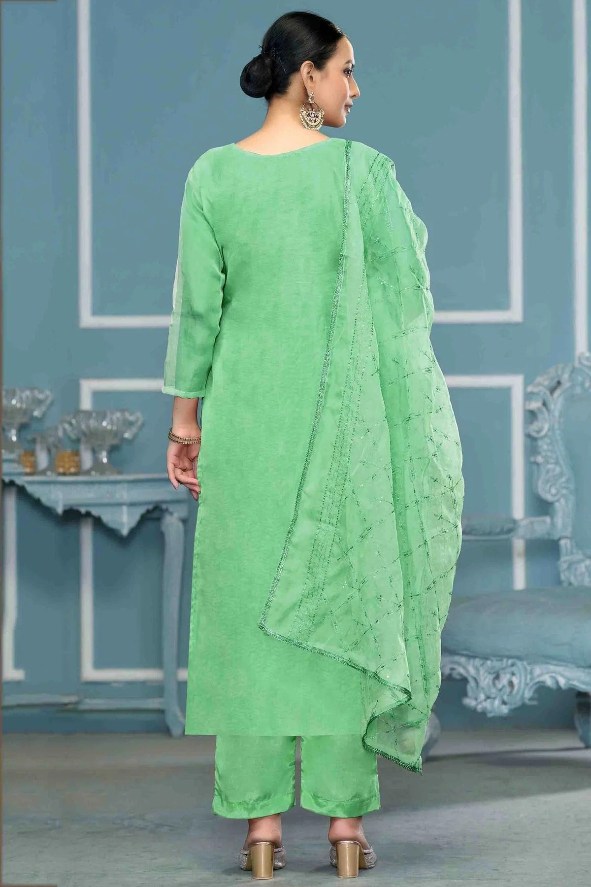 Sea Green Colour Viscose Organza Pant Style Suit SM1113230 A