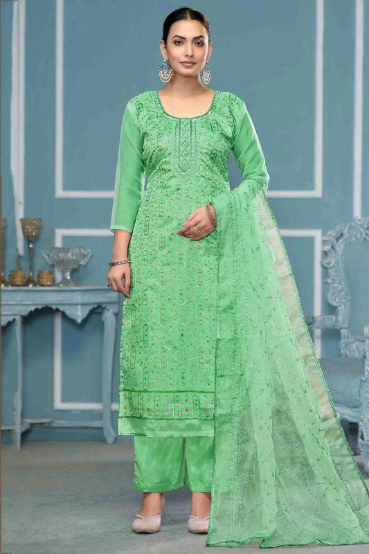 Sea Green Colour Viscose Organza Pant Style Suit SM1113230