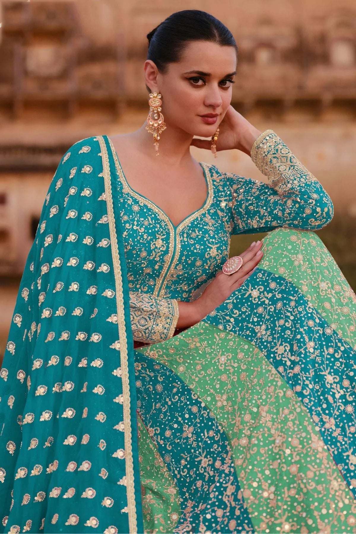 Sea Green and Sky Blue Colour Gerogette Semi Stitched Anarkali Suit SM1140450 A