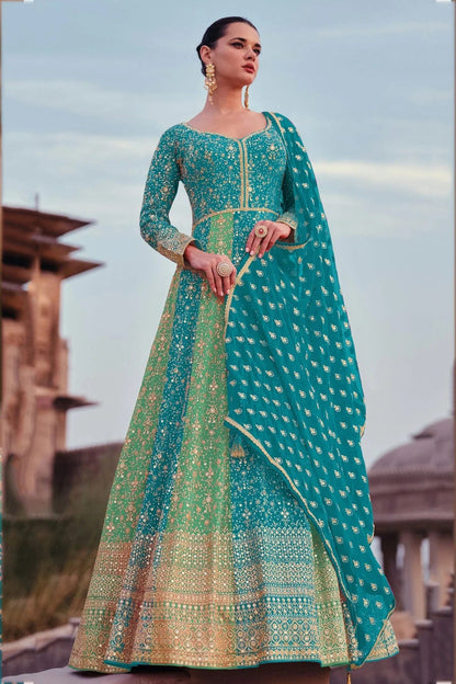 Sea Green and Sky Blue Colour Gerogette Semi Stitched Anarkali Suit SM1140450