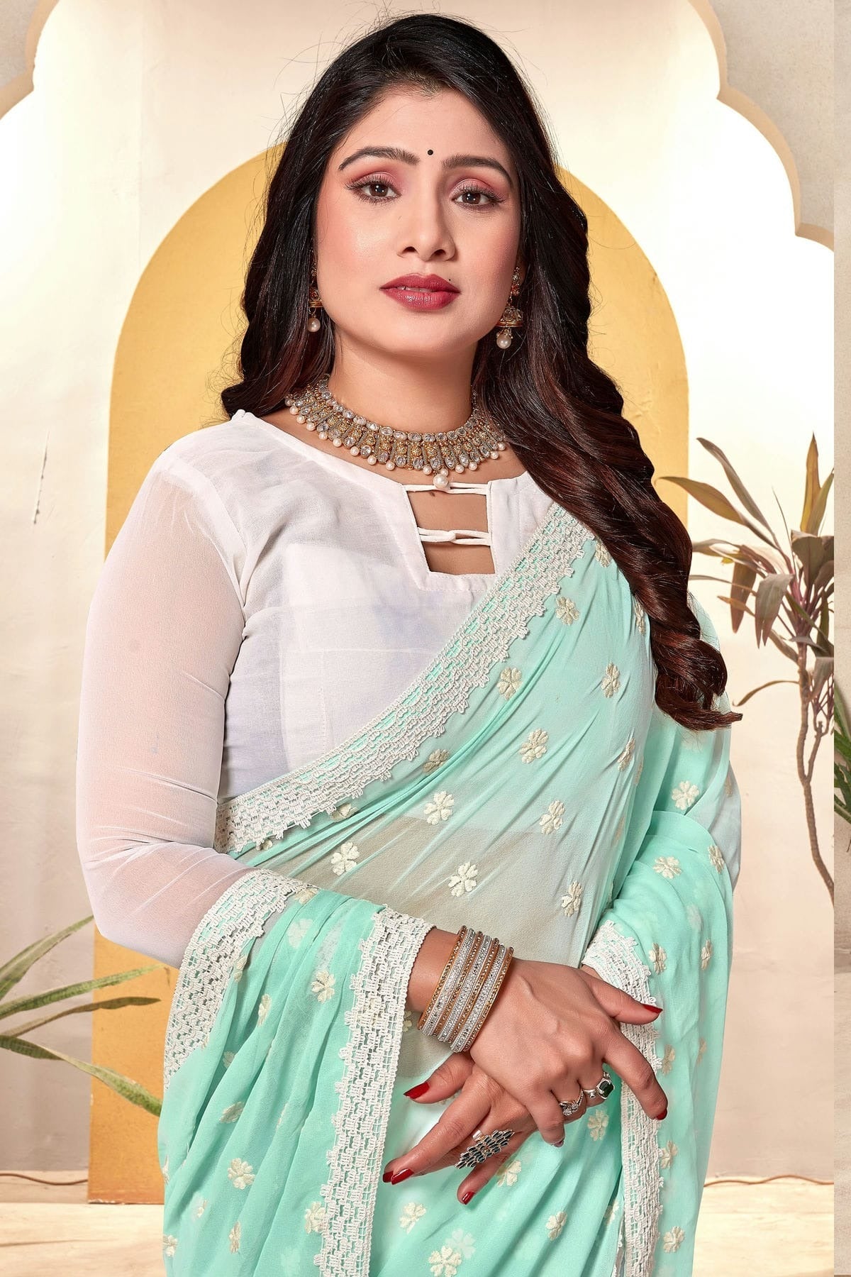 Sea Green and White Colour Georgette Half N Half Saree SD1091061 A
