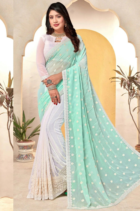 Sea Green and White Colour Georgette Half N Half Saree SD1091061