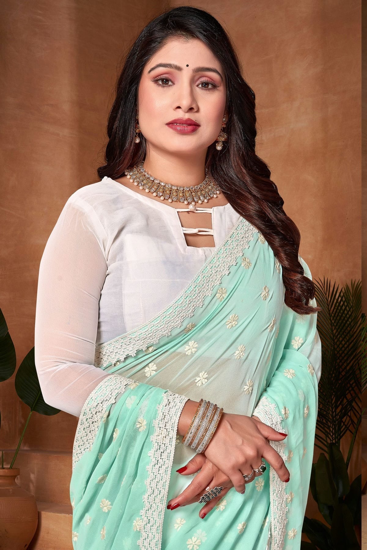 Sea Green and White Colour Georgette Half N Half Saree SD1091190 A