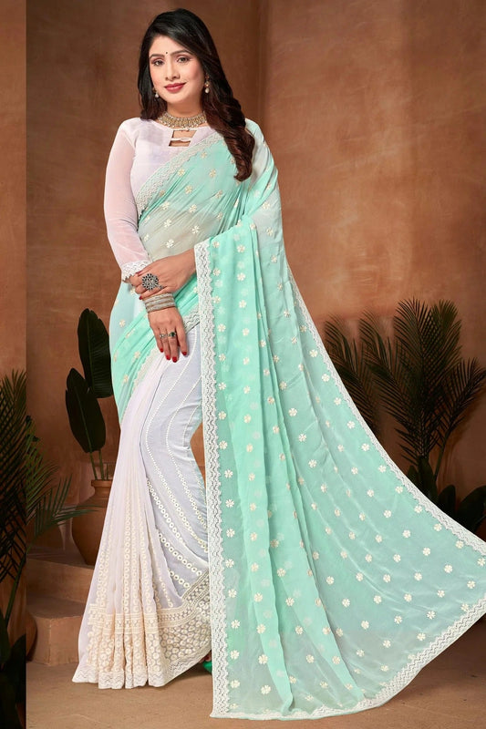 Sea Green and White Colour Georgette Half N Half Saree SD1091190