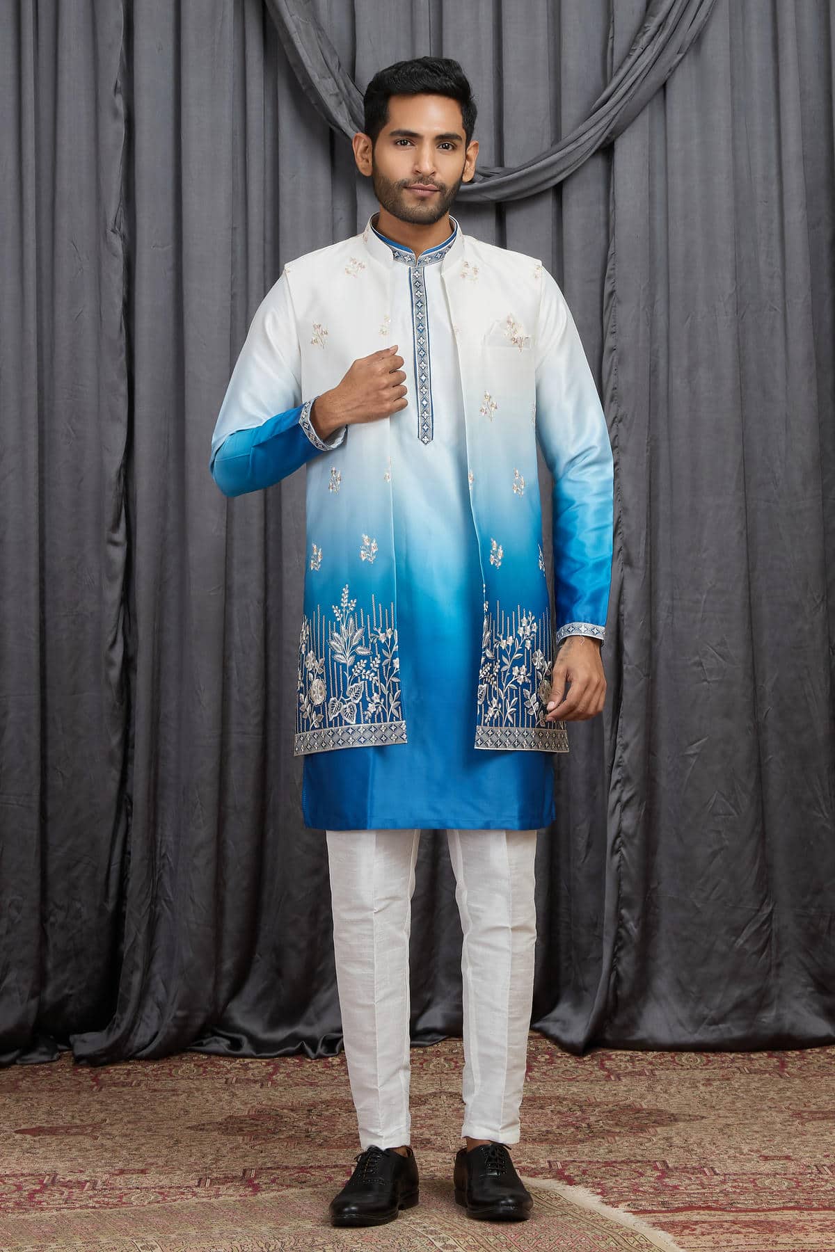 Shaded Blue Colour Art Silk Embroidery Work 3 Pcs Long Kurta Jacket Set KP1230603