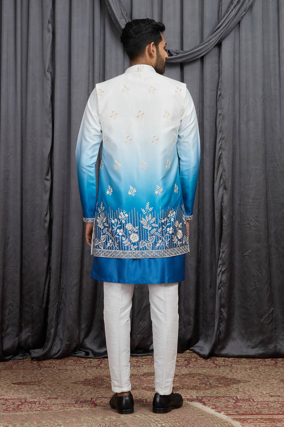 Shaded Blue Colour Art Silk Embroidery Work 3 Pcs Long Kurta Jacket Set KP1230603