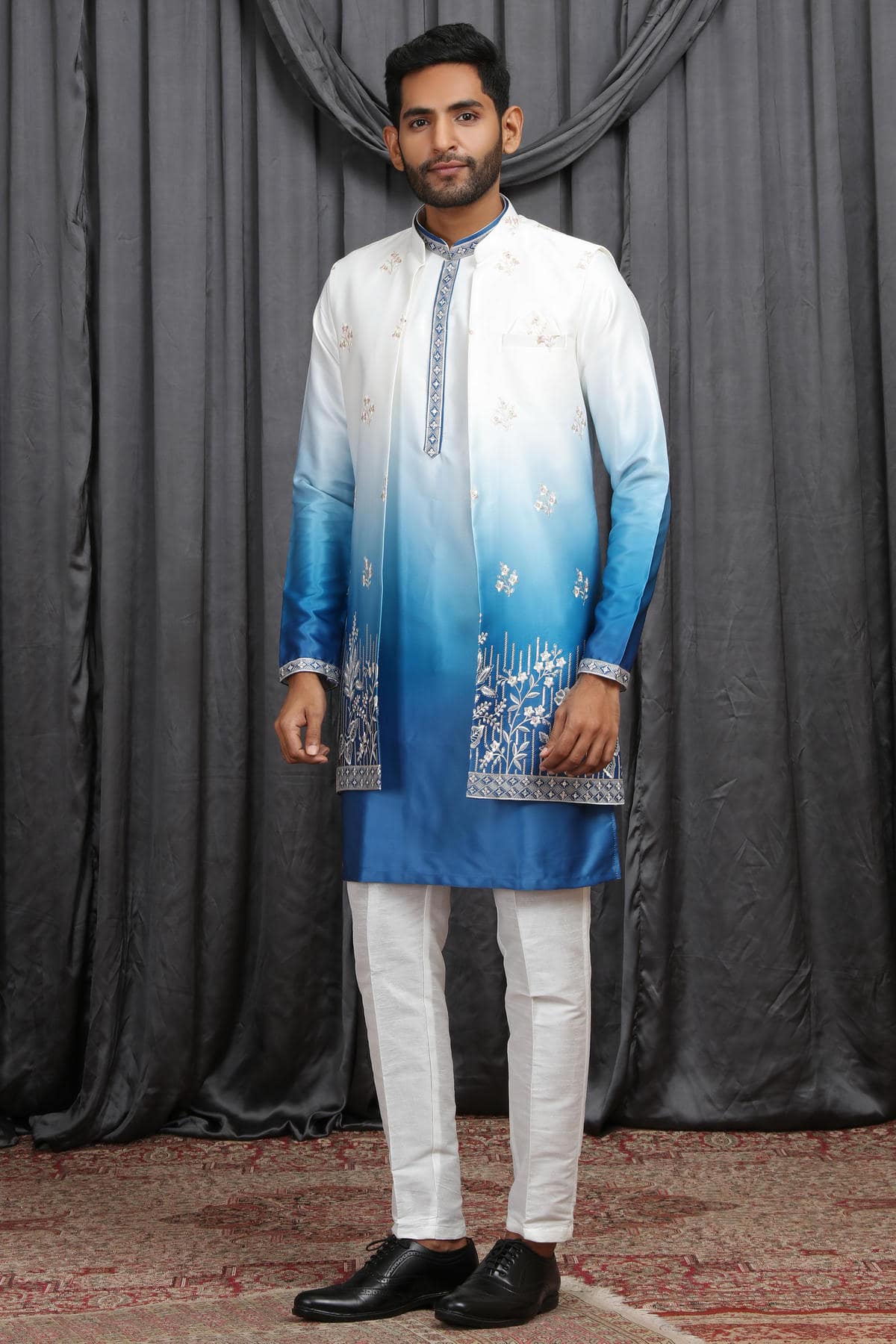 Shaded Blue Colour Art Silk Embroidery Work 3 Pcs Long Kurta Jacket Set KP1230603