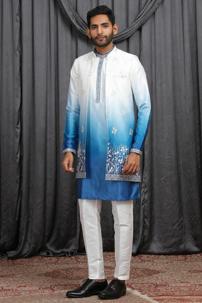 Shaded Blue Colour Art Silk Embroidery Work 3 Pcs Long Kurta Jacket Set KP1230603