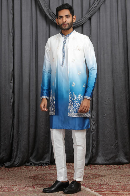 Shaded Blue Colour Art Silk Embroidery Work 3 Pcs Long Kurta Jacket Set KP1230603