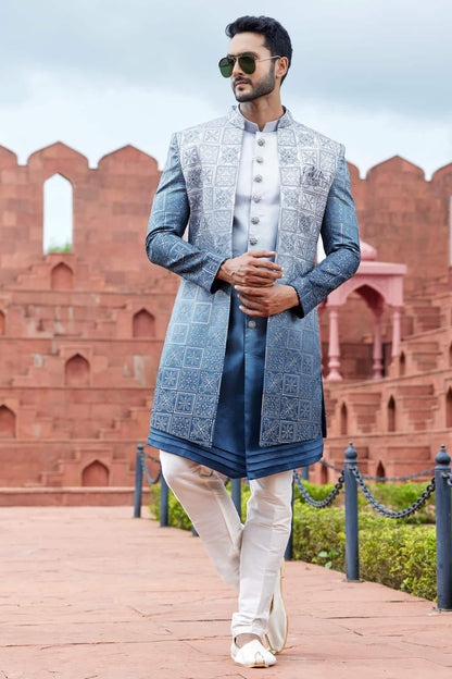 Shaded Blue Colour Art Silk Thread Embroidery Work 3 Pcs Jacket Set