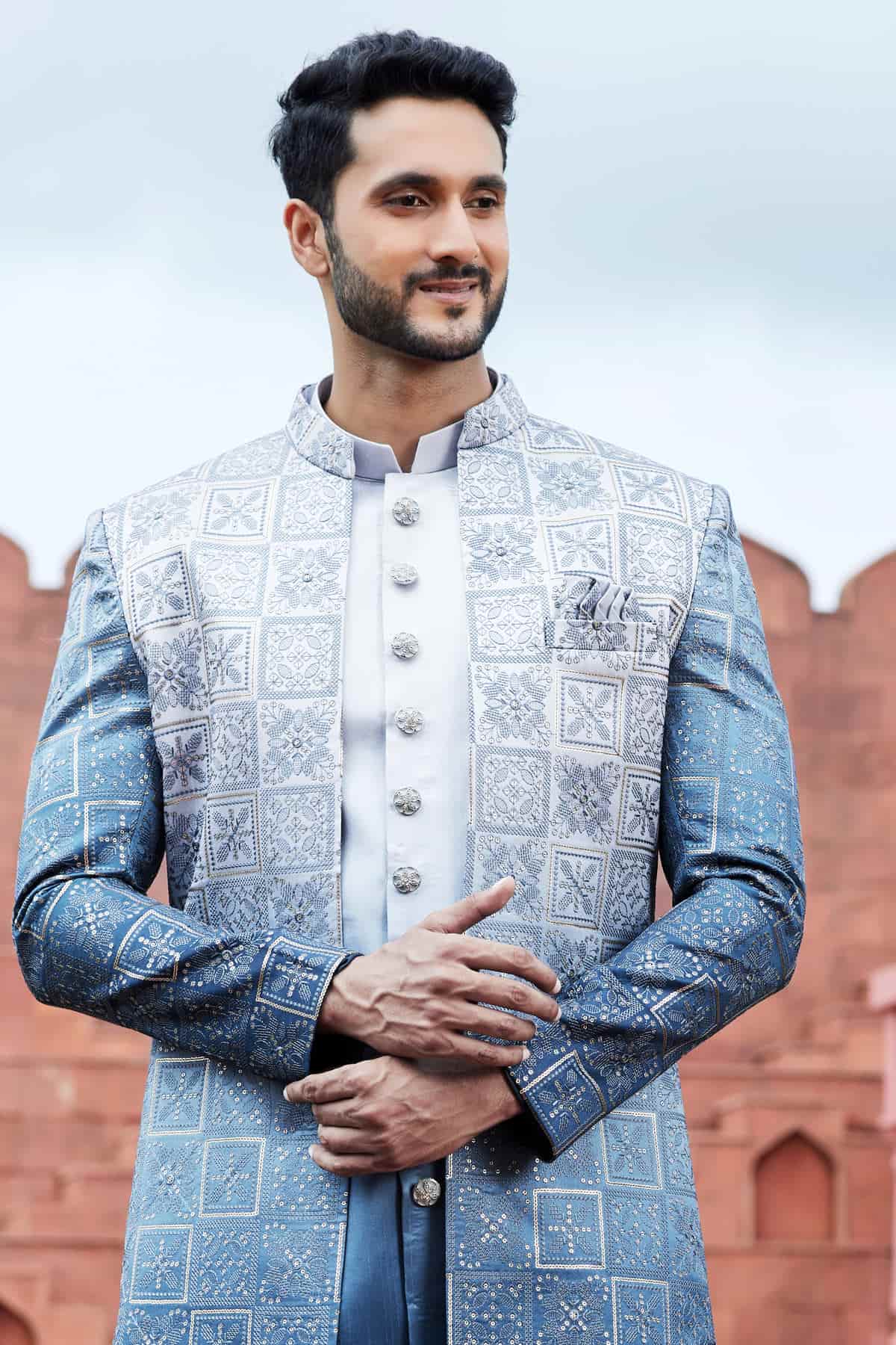 Shaded Blue Colour Art Silk Thread Embroidery Work 3 Pcs Jacket Set