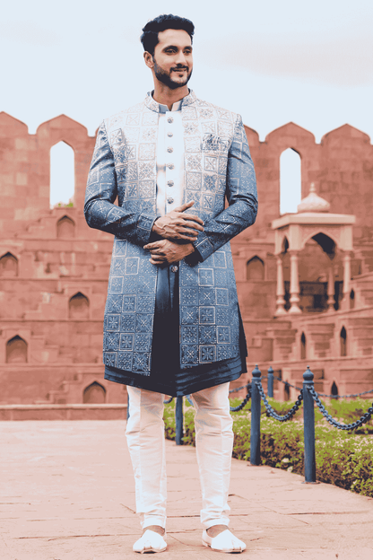 Shaded Blue Colour Art Silk Thread Embroidery Work 3 Pcs Jacket Set
