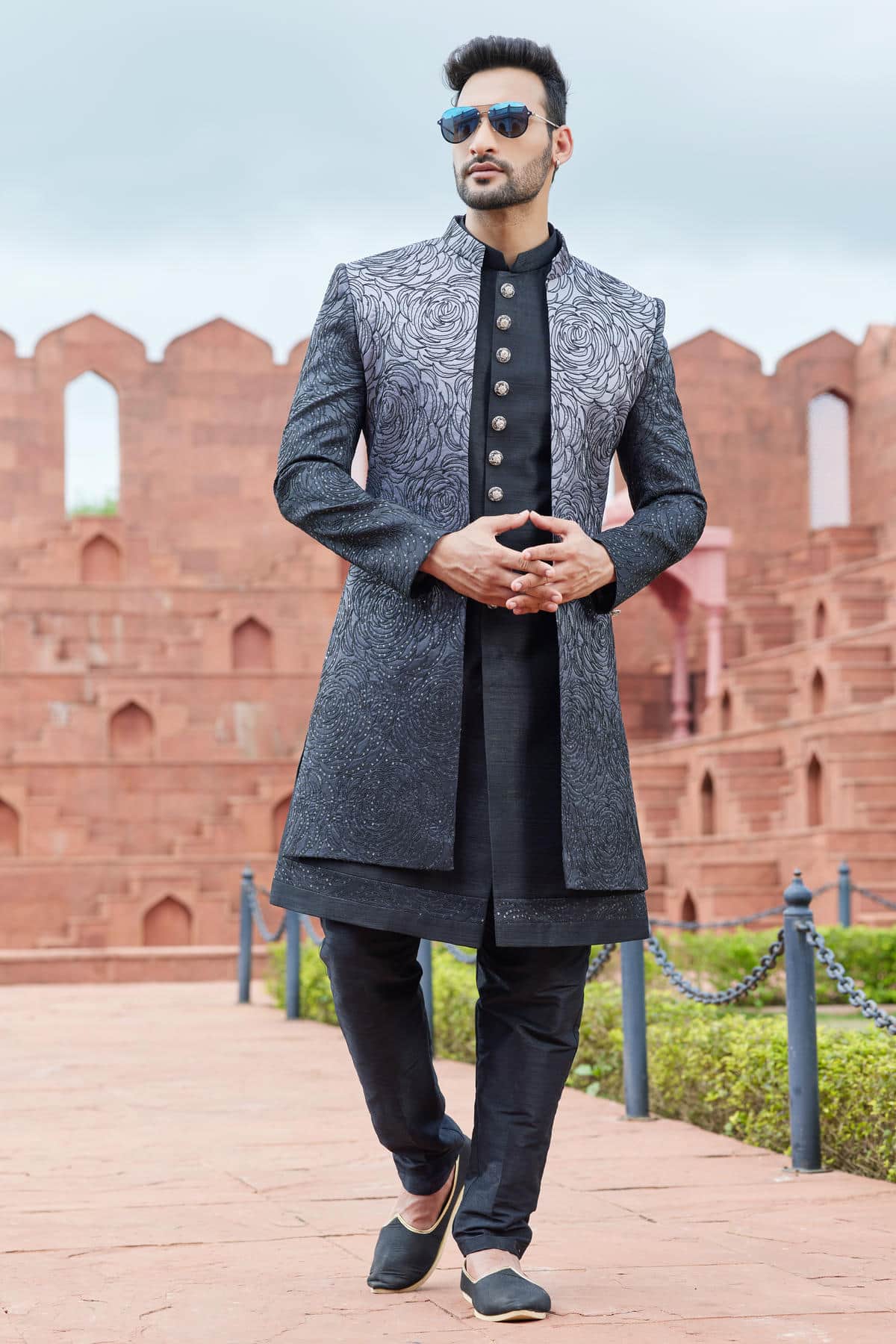 Shaded Grey Black Colour Art Silk Thread Embroidery Work 3 Pcs Jacket Set