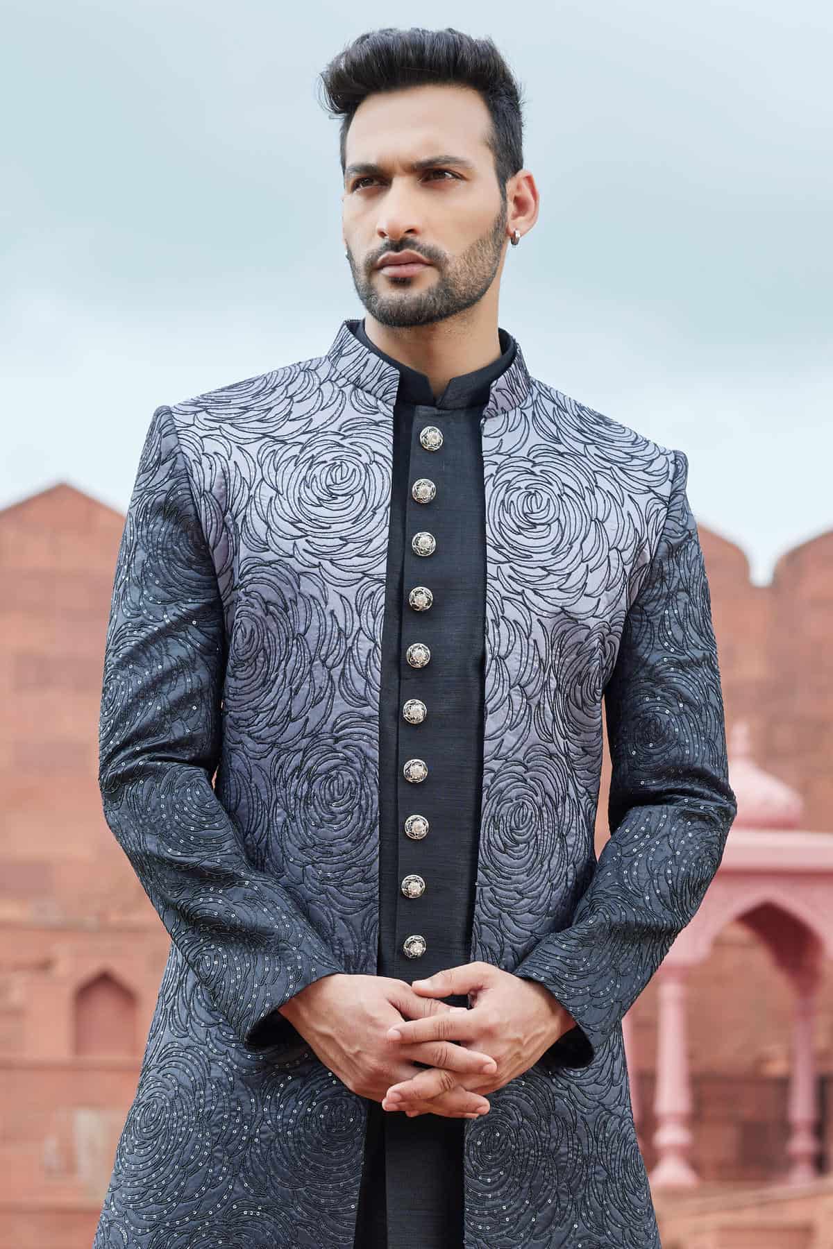 Shaded Grey Black Colour Art Silk Thread Embroidery Work 3 Pcs Jacket Set
