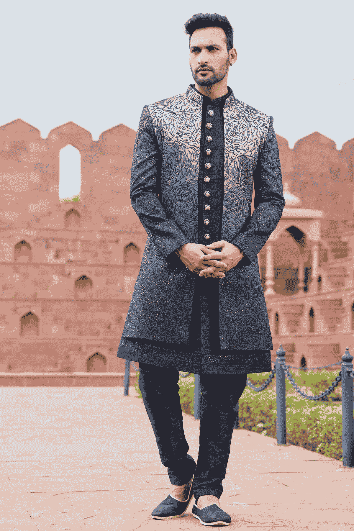Shaded Grey Black Colour Art Silk Thread Embroidery Work 3 Pcs Jacket Set