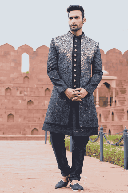 Shaded Grey Black Colour Art Silk Thread Embroidery Work 3 Pcs Jacket Set
