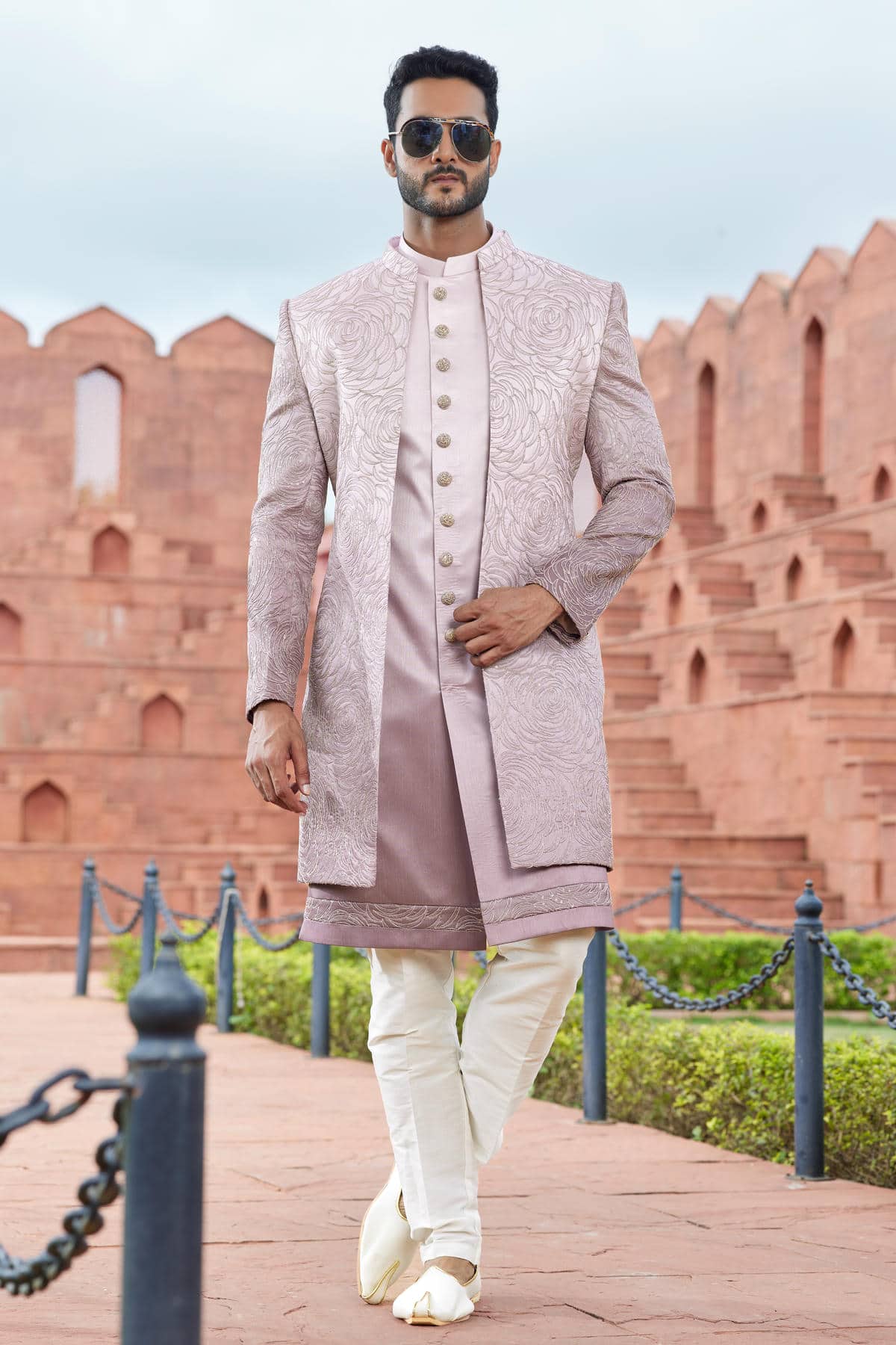 Shaded Onion Colour Art Silk Thread Embroidery Work 3 Pcs Jacket Set