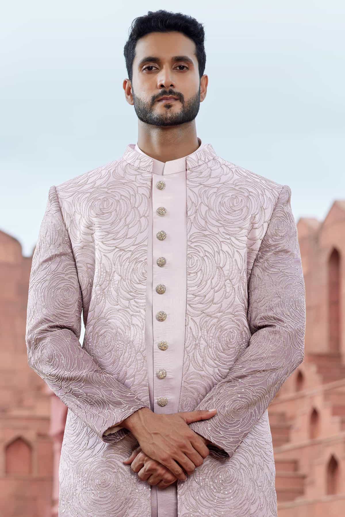 Shaded Onion Colour Art Silk Thread Embroidery Work 3 Pcs Jacket Set