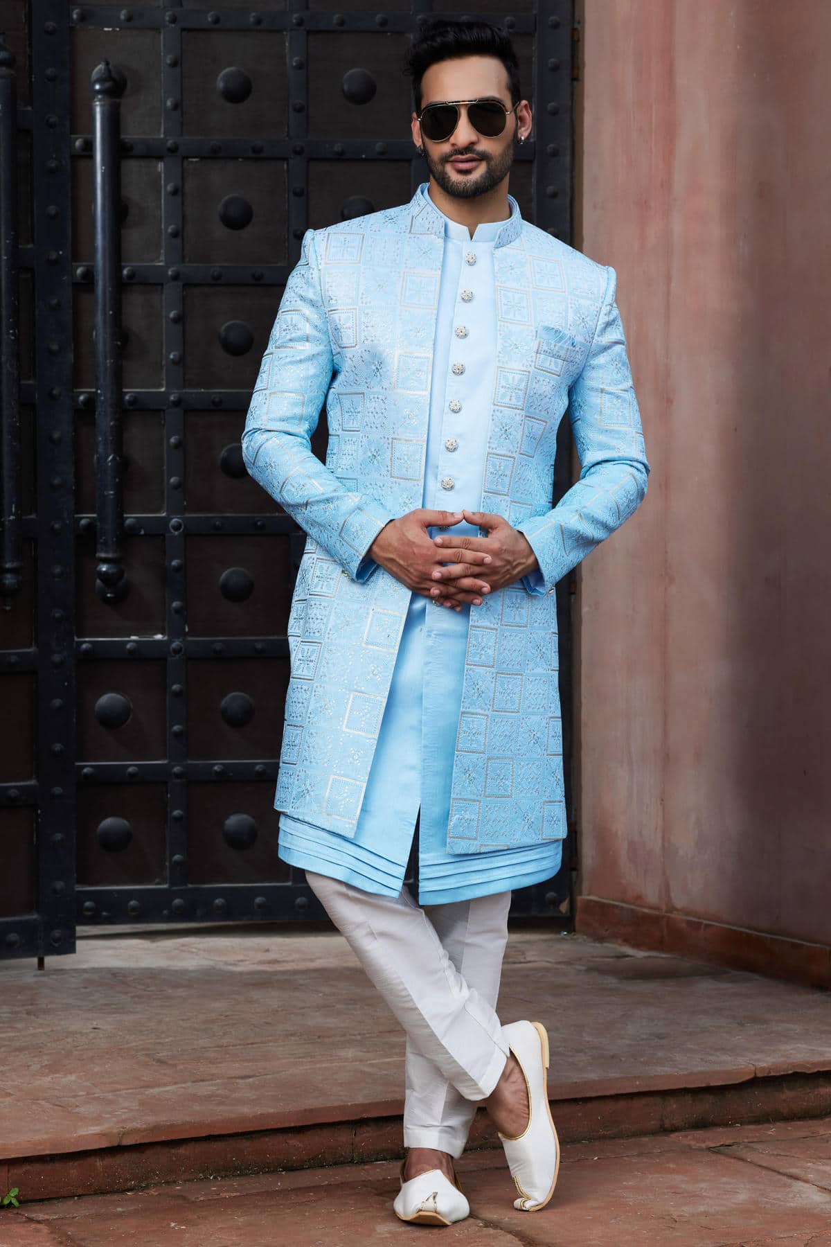 Shaded Sky Blue Colour Art Silk Thread Embroidery Work 3 Pcs Jacket Set