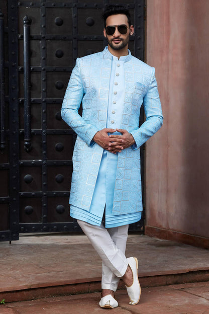 Shaded Sky Blue Colour Art Silk Thread Embroidery Work 3 Pcs Jacket Set