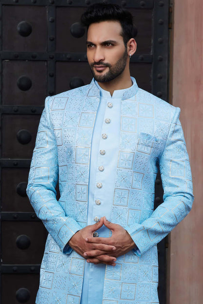 Shaded Sky Blue Colour Art Silk Thread Embroidery Work 3 Pcs Jacket Set