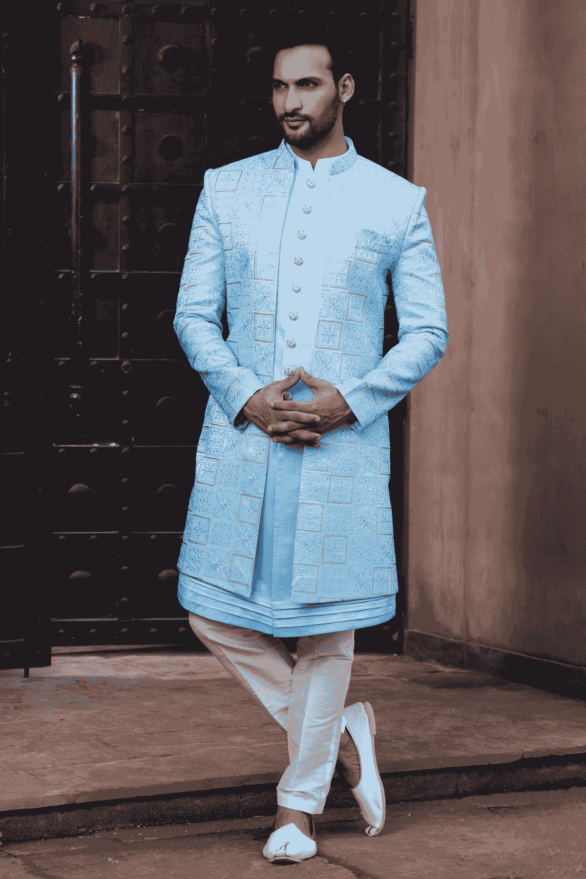 Shaded Sky Blue Colour Art Silk Thread Embroidery Work 3 Pcs Jacket Set