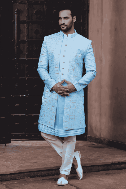 Shaded Sky Blue Colour Art Silk Thread Embroidery Work 3 Pcs Jacket Set