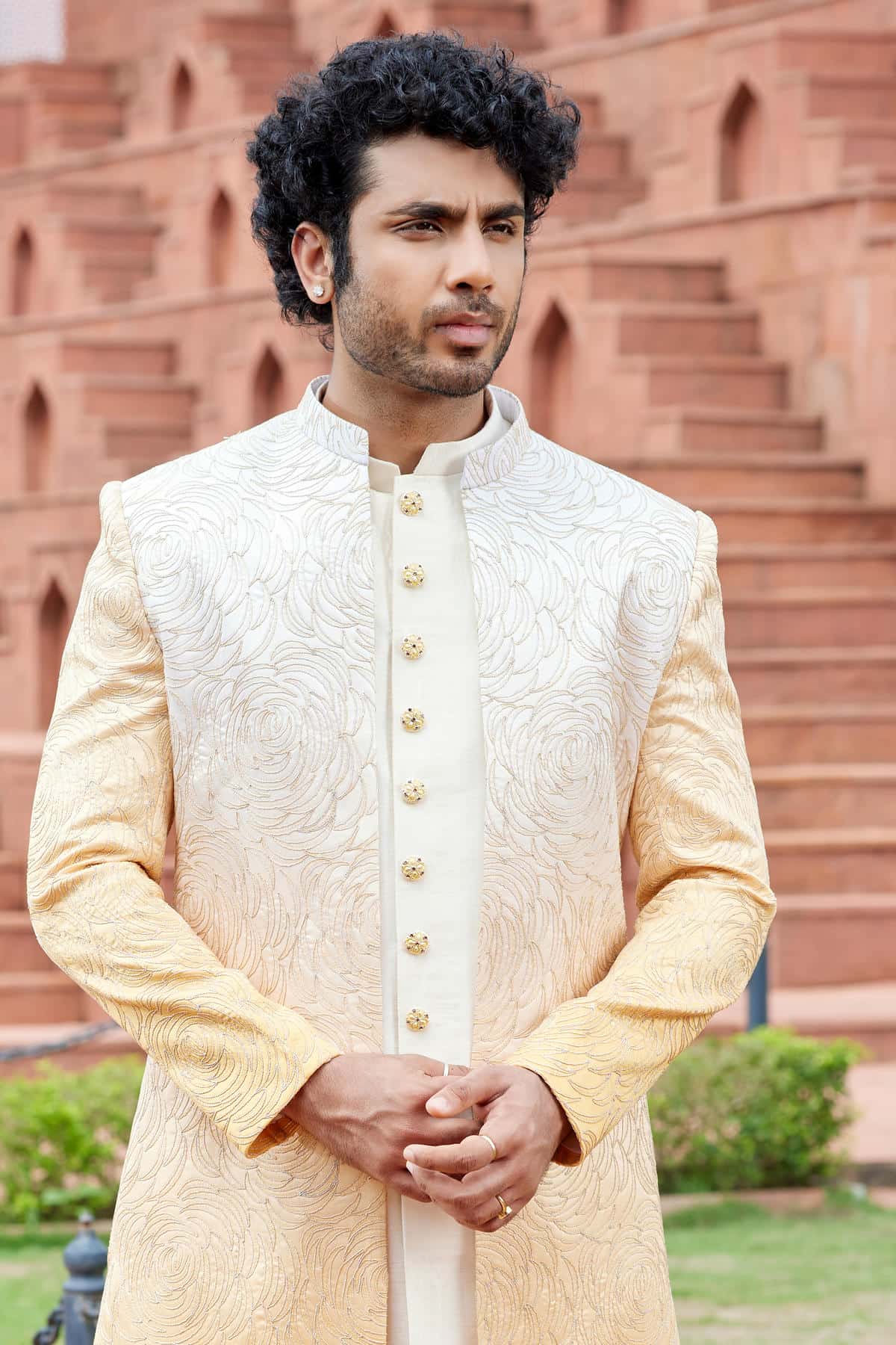 Shaded Yellow Colour Art Silk Thread Embroidery Work 3 Pcs Jacket Set