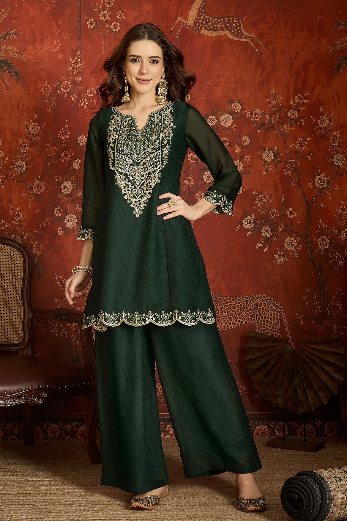 Silk Embroidery Work Palazzo Pant Suit In Green Colour