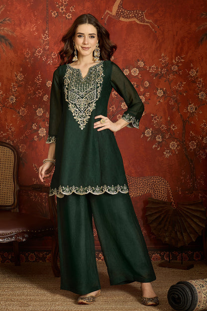 Silk Embroidery Work Palazzo Pant Suit In Green Colour