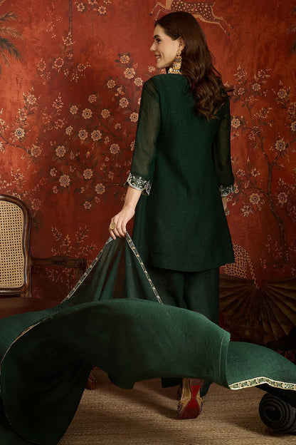 Silk Embroidery Work Palazzo Pant Suit In Green Colour