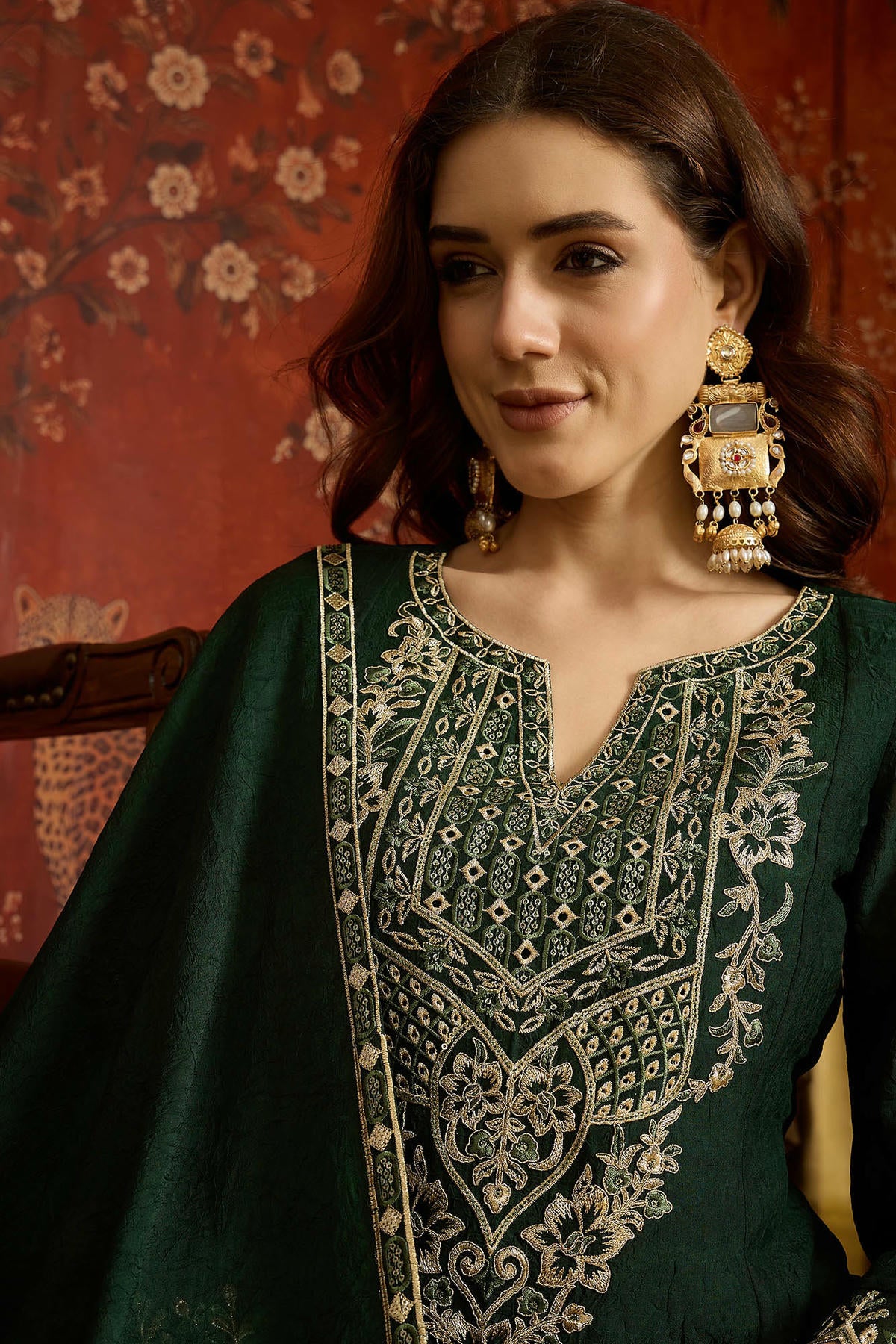 Silk Embroidery Work Palazzo Pant Suit In Green Colour