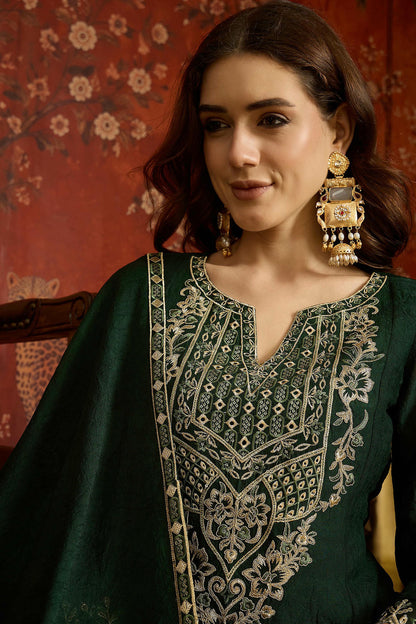 Silk Embroidery Work Palazzo Pant Suit In Green Colour