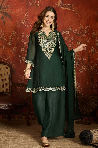 Silk Embroidery Work Palazzo Pant Suit In Green Colour