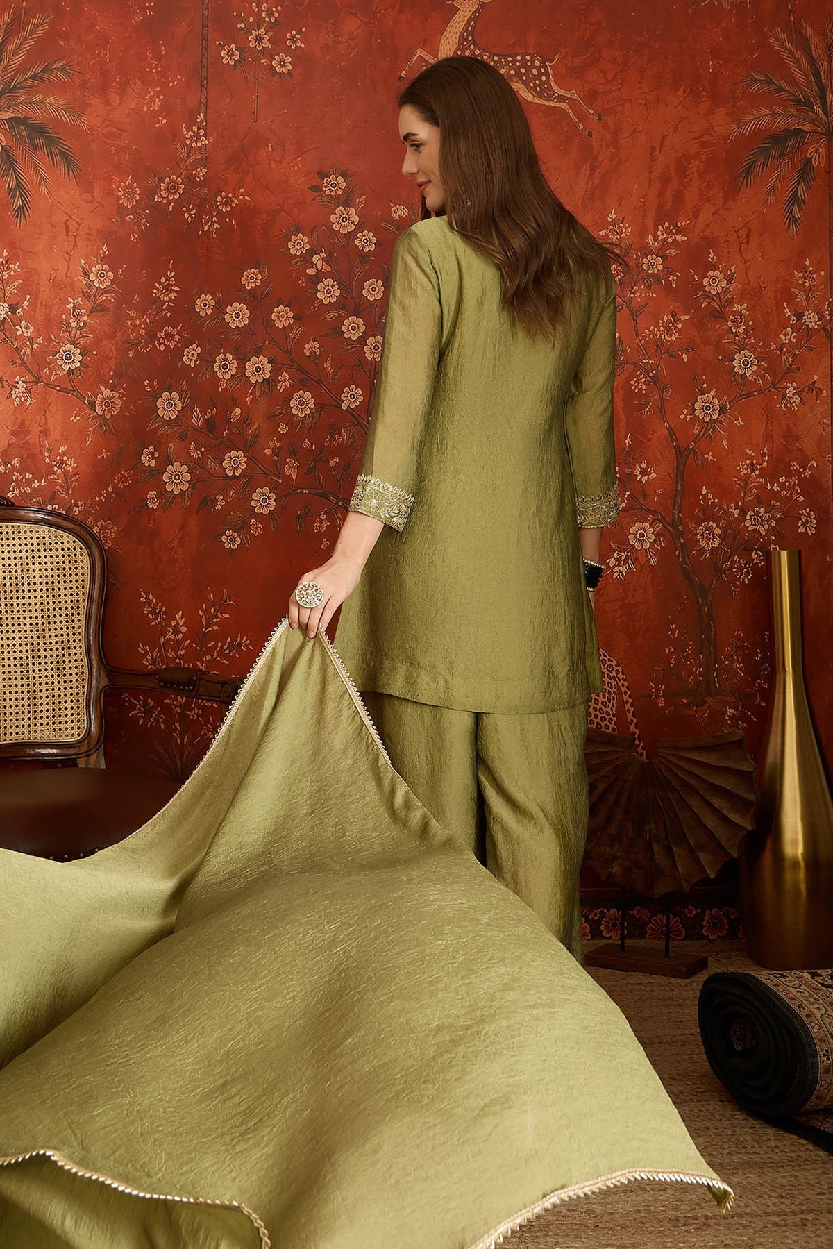 Silk Embroidery Work Palazzo Pant Suit In Green Colour