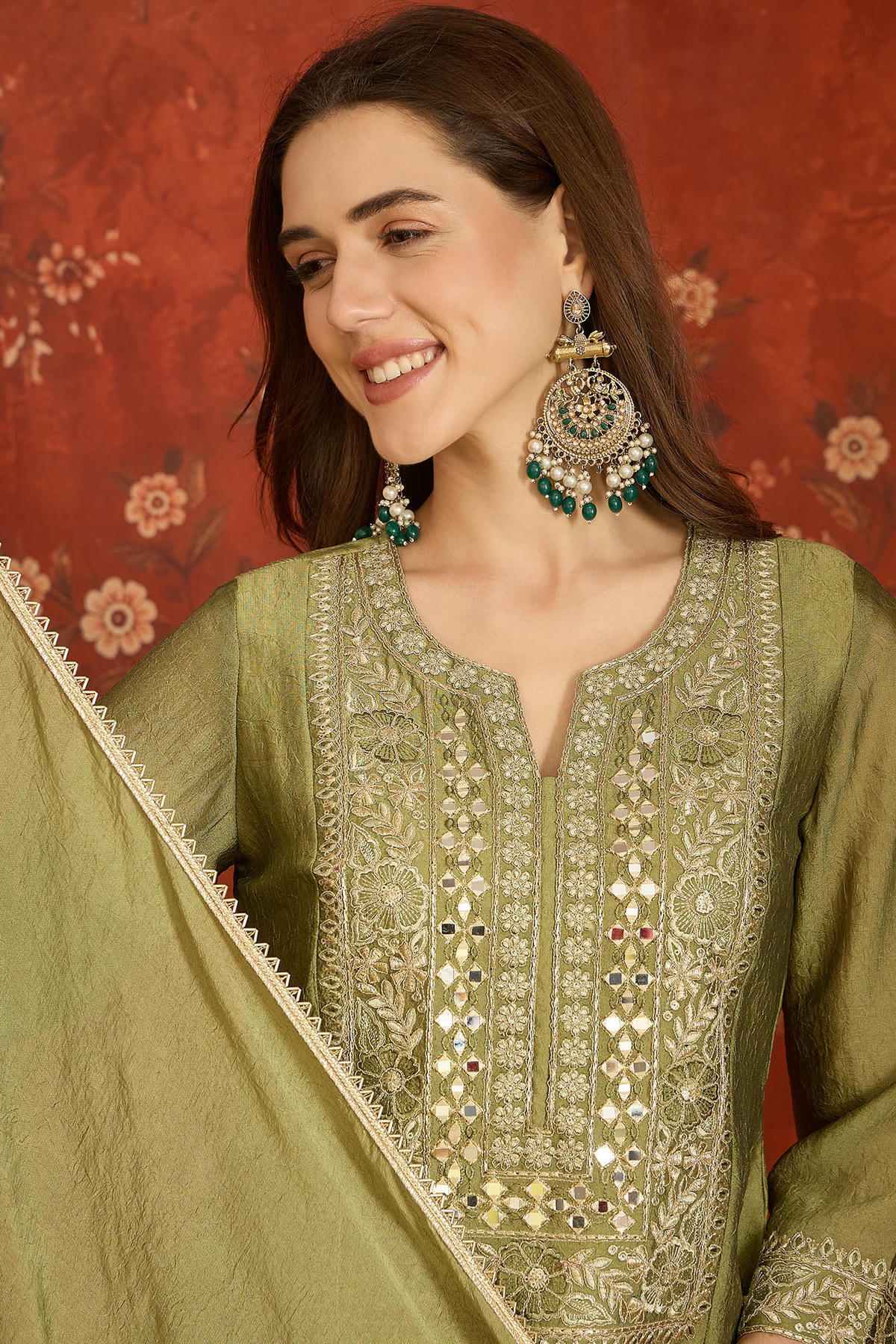 Silk Embroidery Work Palazzo Pant Suit In Green Colour