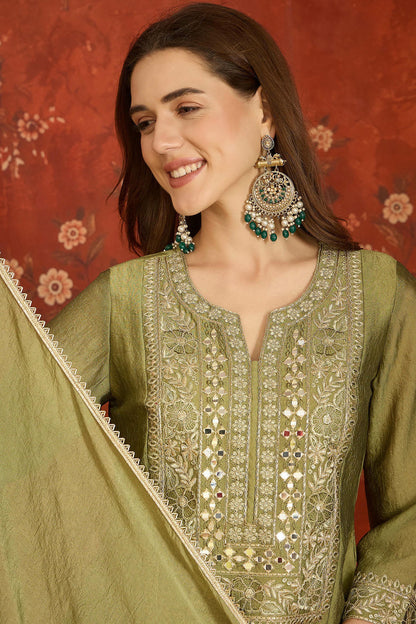 Silk Embroidery Work Palazzo Pant Suit In Green Colour
