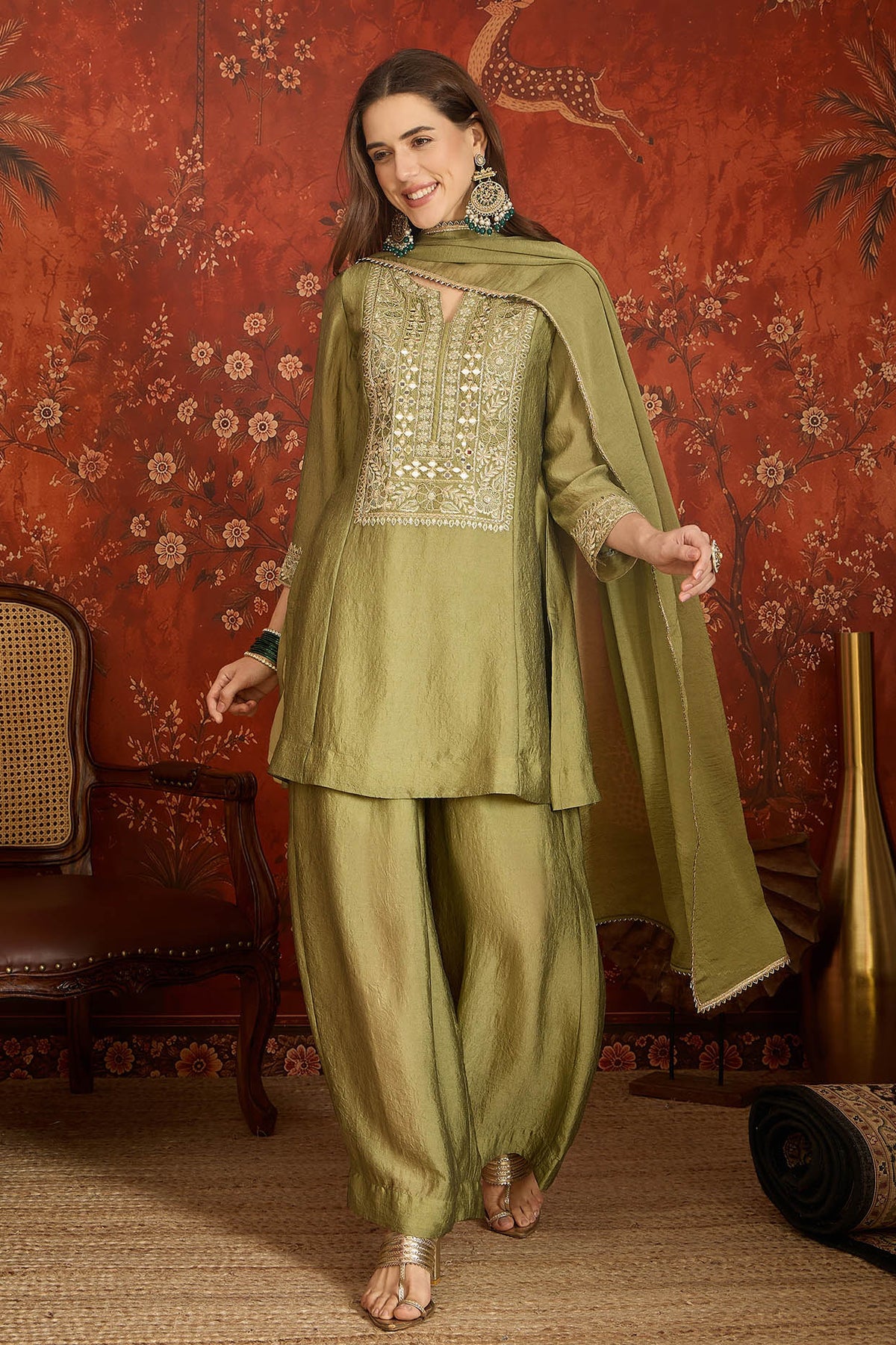Silk Embroidery Work Palazzo Pant Suit In Green Colour