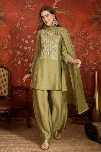 Silk Embroidery Work Palazzo Pant Suit In Green Colour