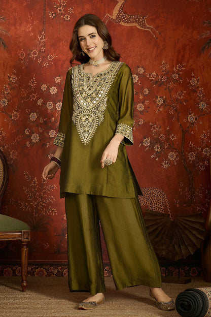Silk Embroidery Work Palazzo Pant Suit In Green Colour
