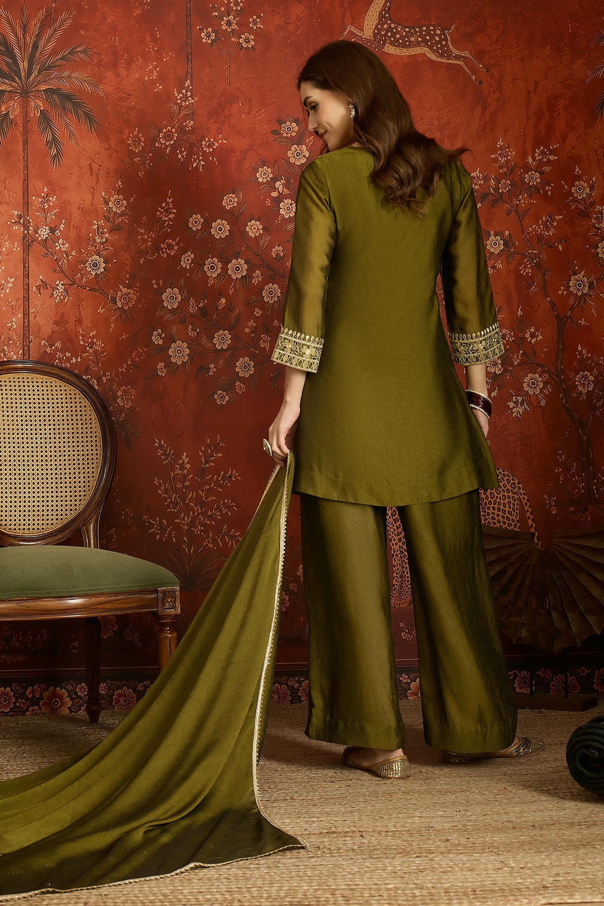 Silk Embroidery Work Palazzo Pant Suit In Green Colour