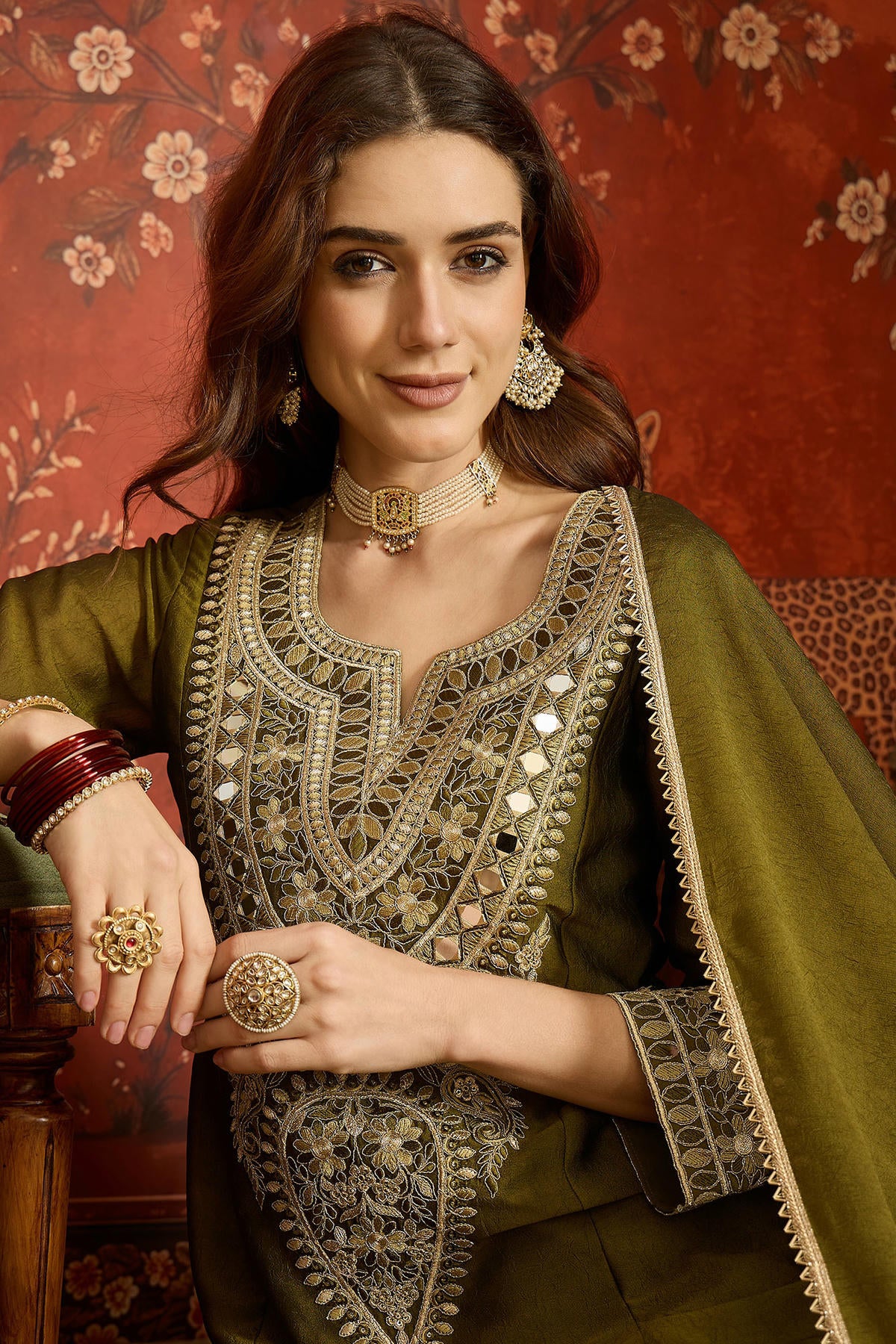 Silk Embroidery Work Palazzo Pant Suit In Green Colour